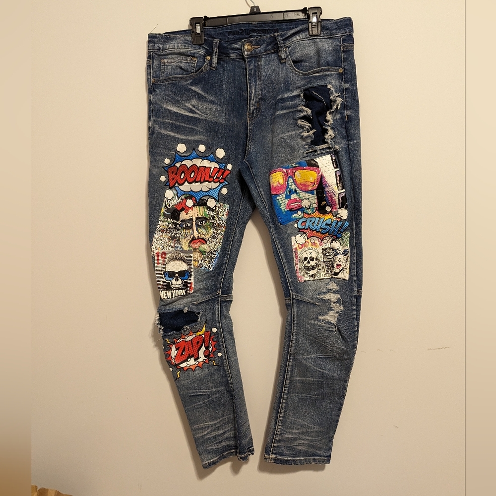 Premiere Denim Skinny Arc Supreme Flex Jeans comic print medium wash siz… - Picture 2 of 9